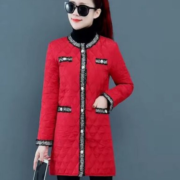 Red Quilted Jacket with Tweed accents and pearl buttons - Picture 2 of 9